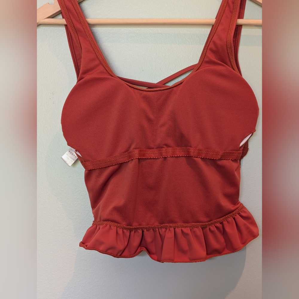 Ruffled Hem Criss Cross Open Back Swim Top - Picture 3 of 5